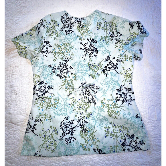 SB Scrub Top V Neck Cotton Elastic Back 3 Pocket Blue Floral Women's S Nursing - Picture 4 of 7